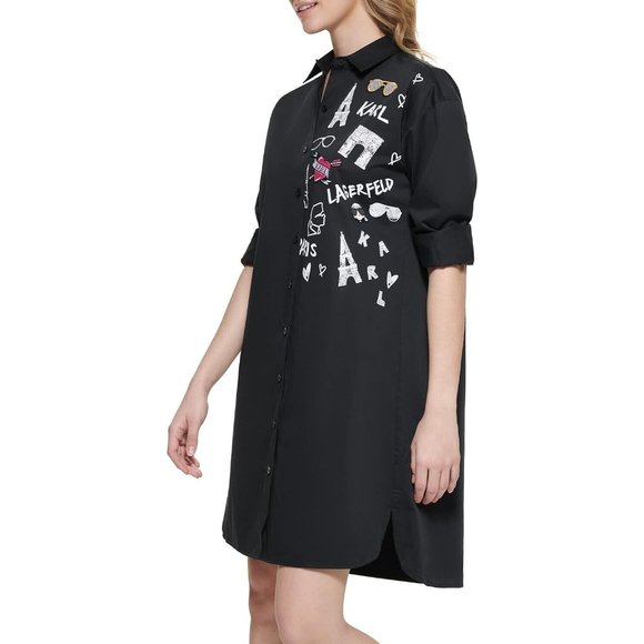 Karl Lagerfeld Paris Print and Patches Shirt / Dress Women's Size Medium - Picture 2 of 13